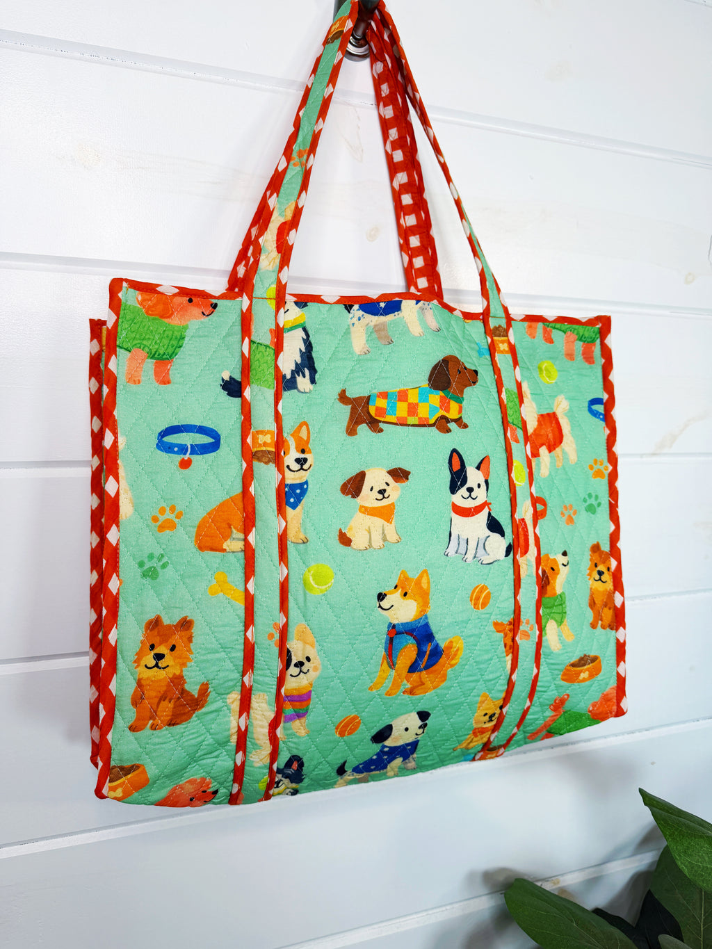 Quilted Cotton Reversible Large Tote Bag - Green Dog Print