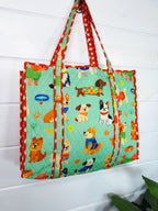 Quilted Cotton Reversible Large Tote Bag - Green Dog Print