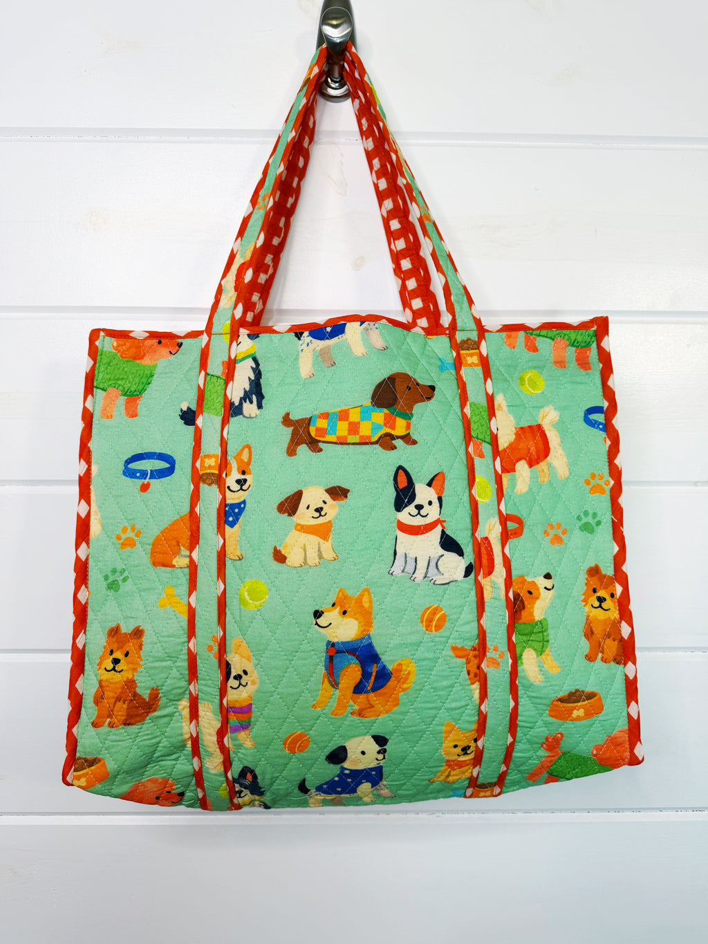 Quilted Cotton Reversible Large Tote Bag - Green Dog Print