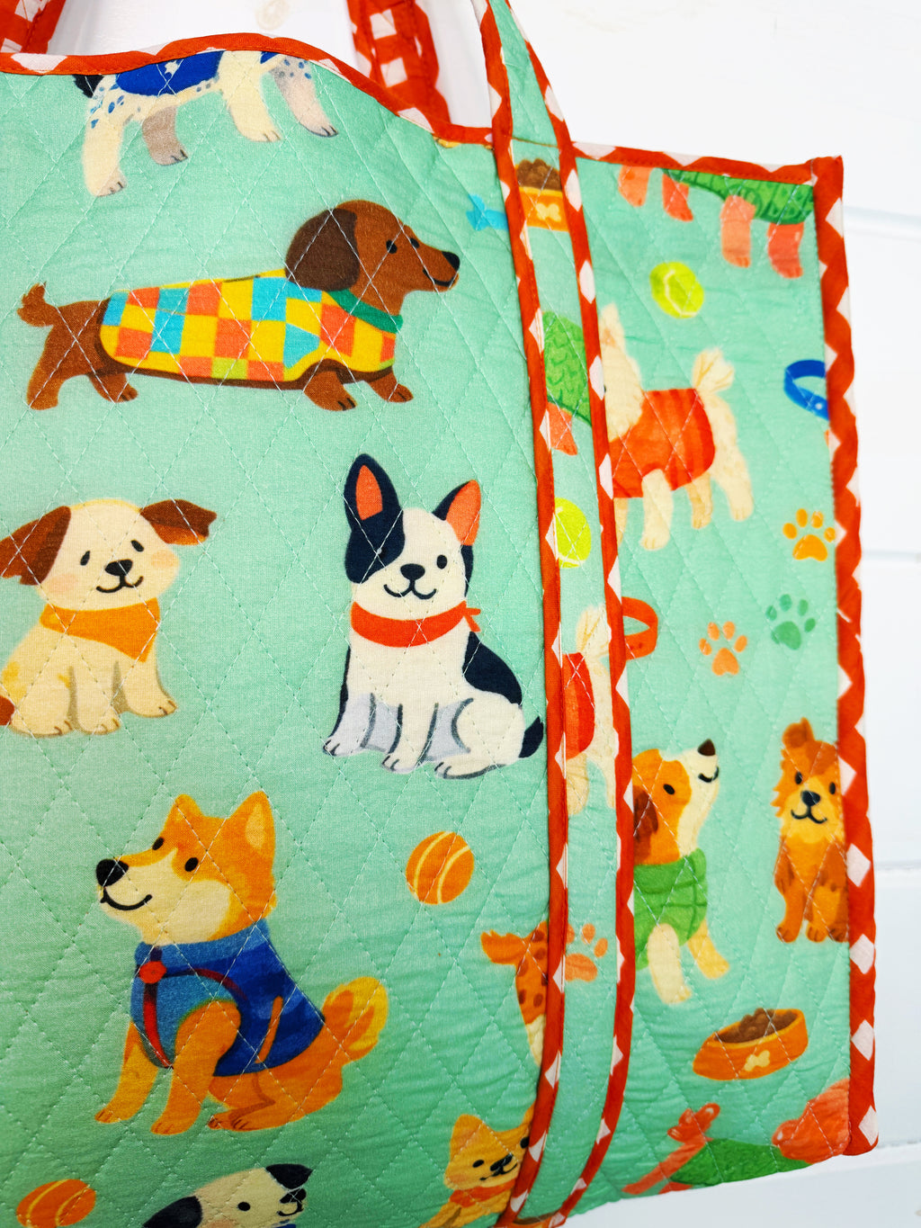 Quilted Cotton Reversible Large Tote Bag - Green Dog Print