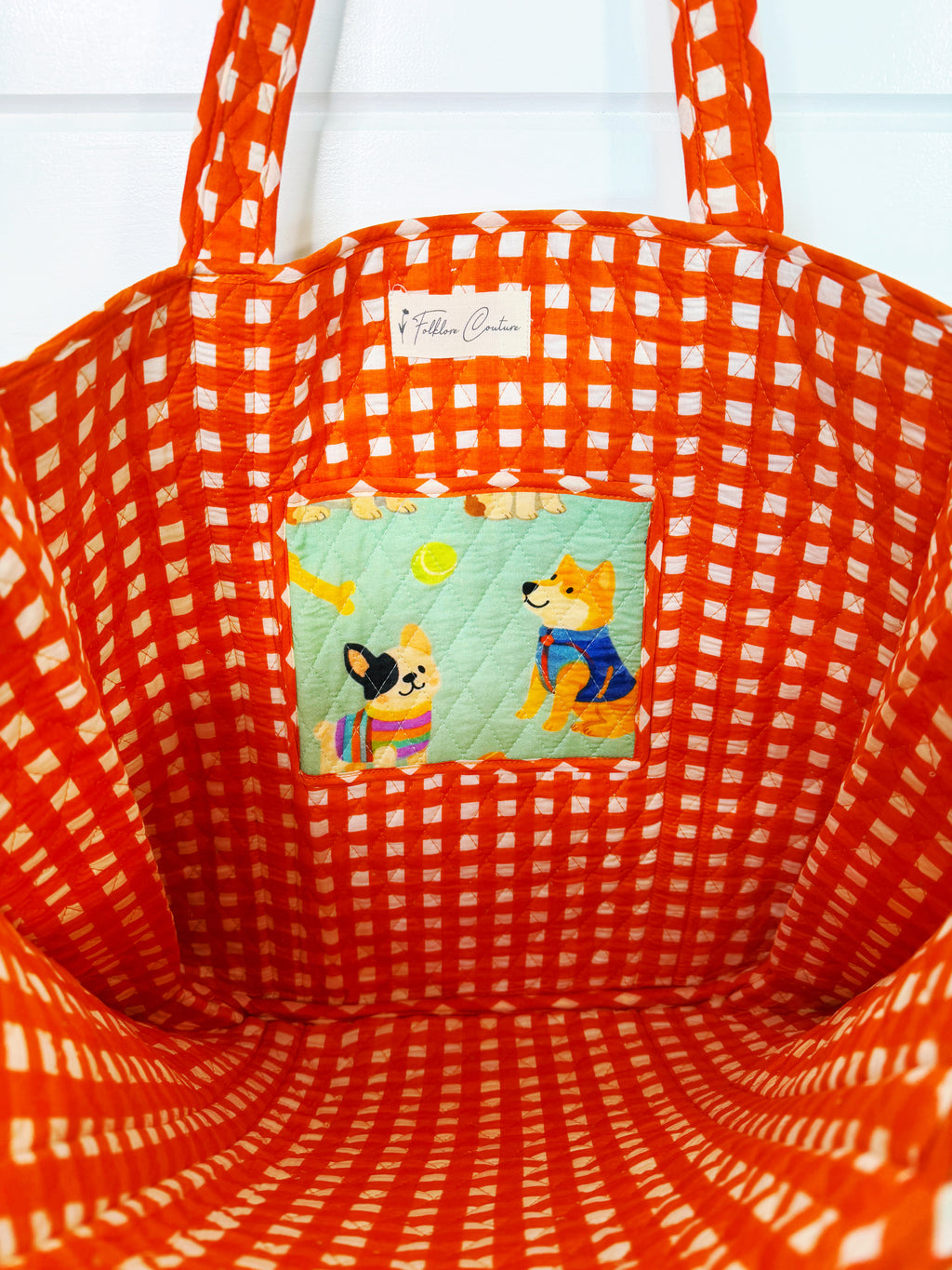 Quilted Cotton Reversible Large Tote Bag - Green Dog Print