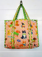 Quilted Cotton Reversible Large Tote Bag - Peach Dog Print