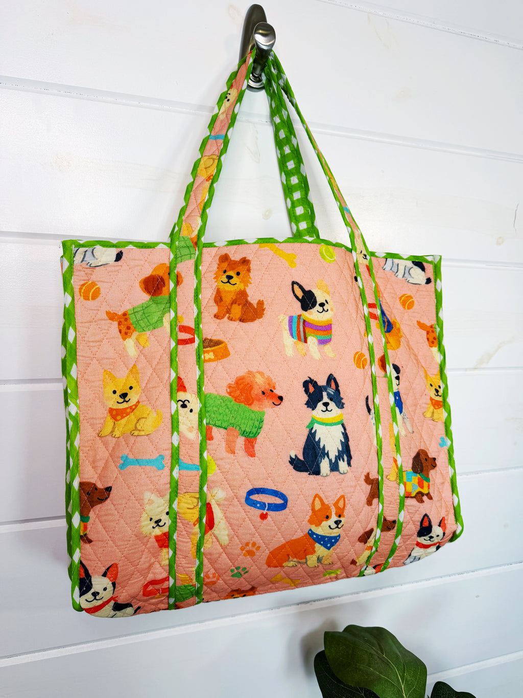 Quilted Cotton Reversible Large Tote Bag - Peach Dog Print