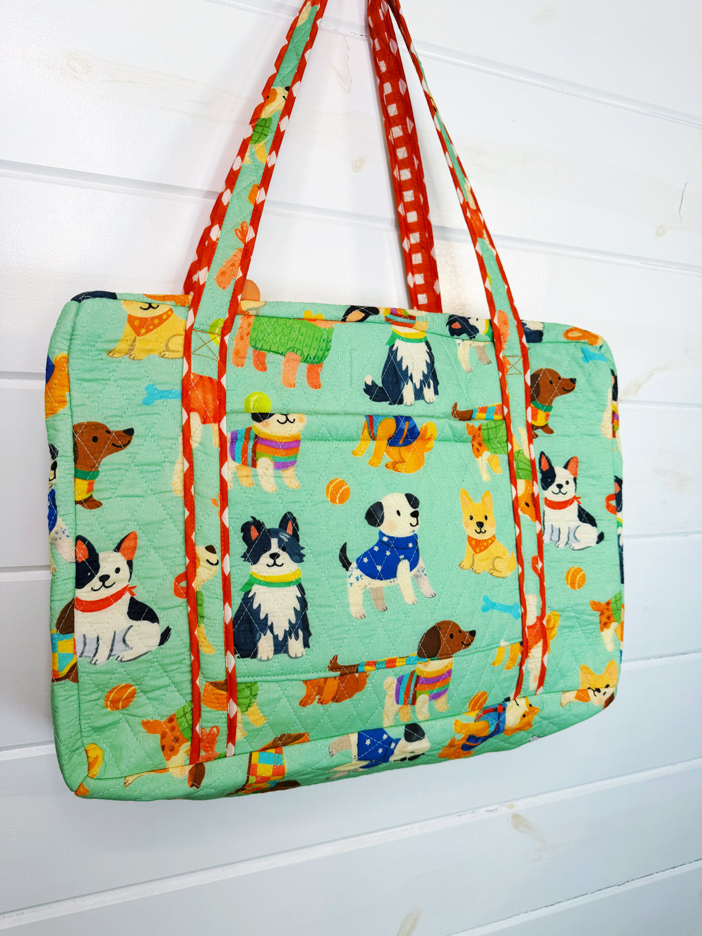 Quilted Weekender Duffle Overnight Bag - Green Dog Print