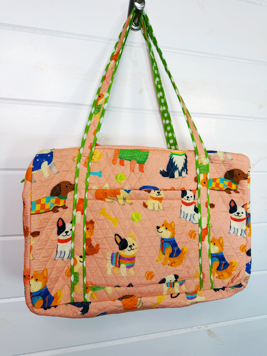Quilted Weekender Duffle Overnight Bag - Peach Dog Print