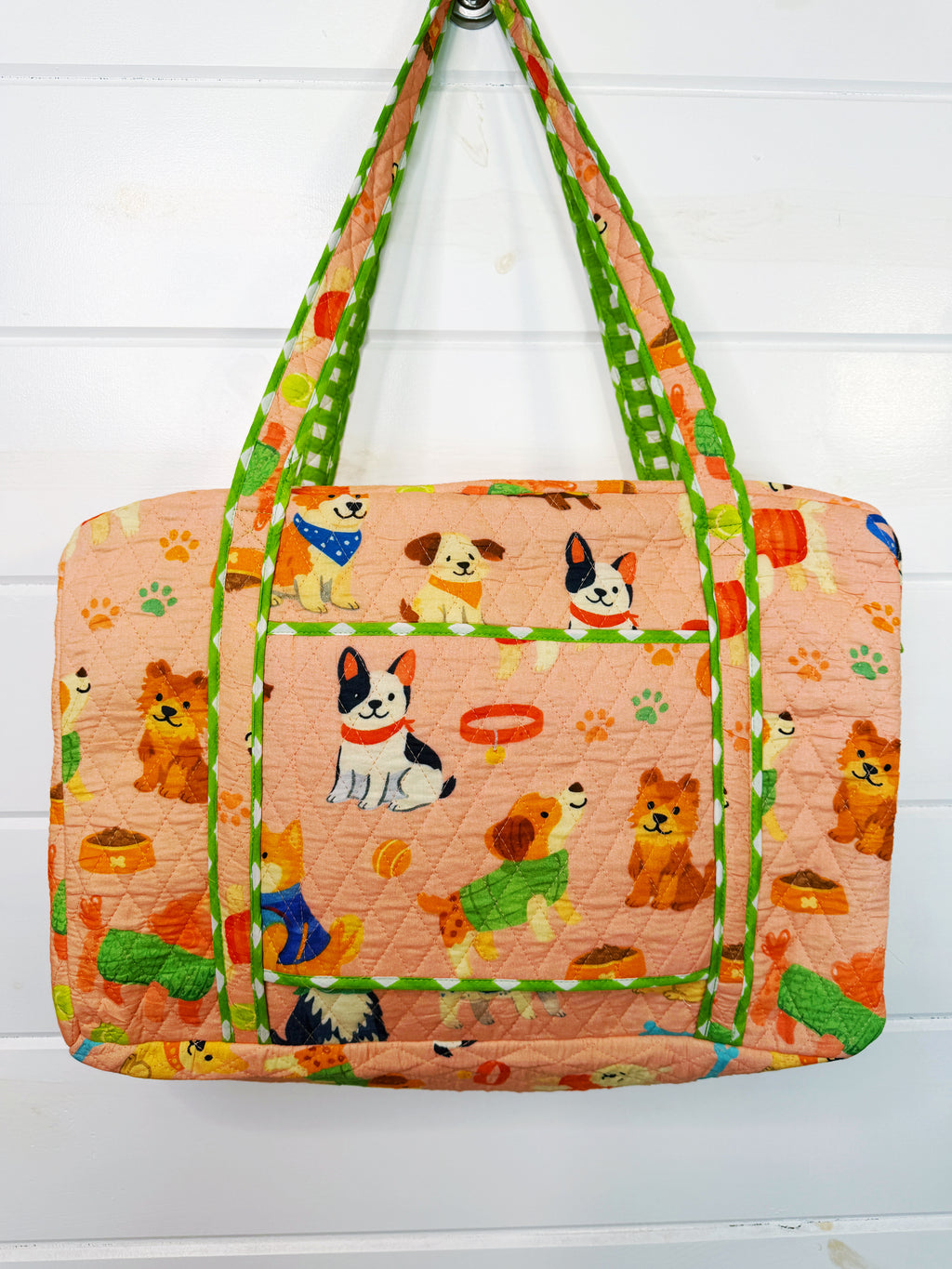 Quilted Weekender Duffle Overnight Bag - Peach Dog Print