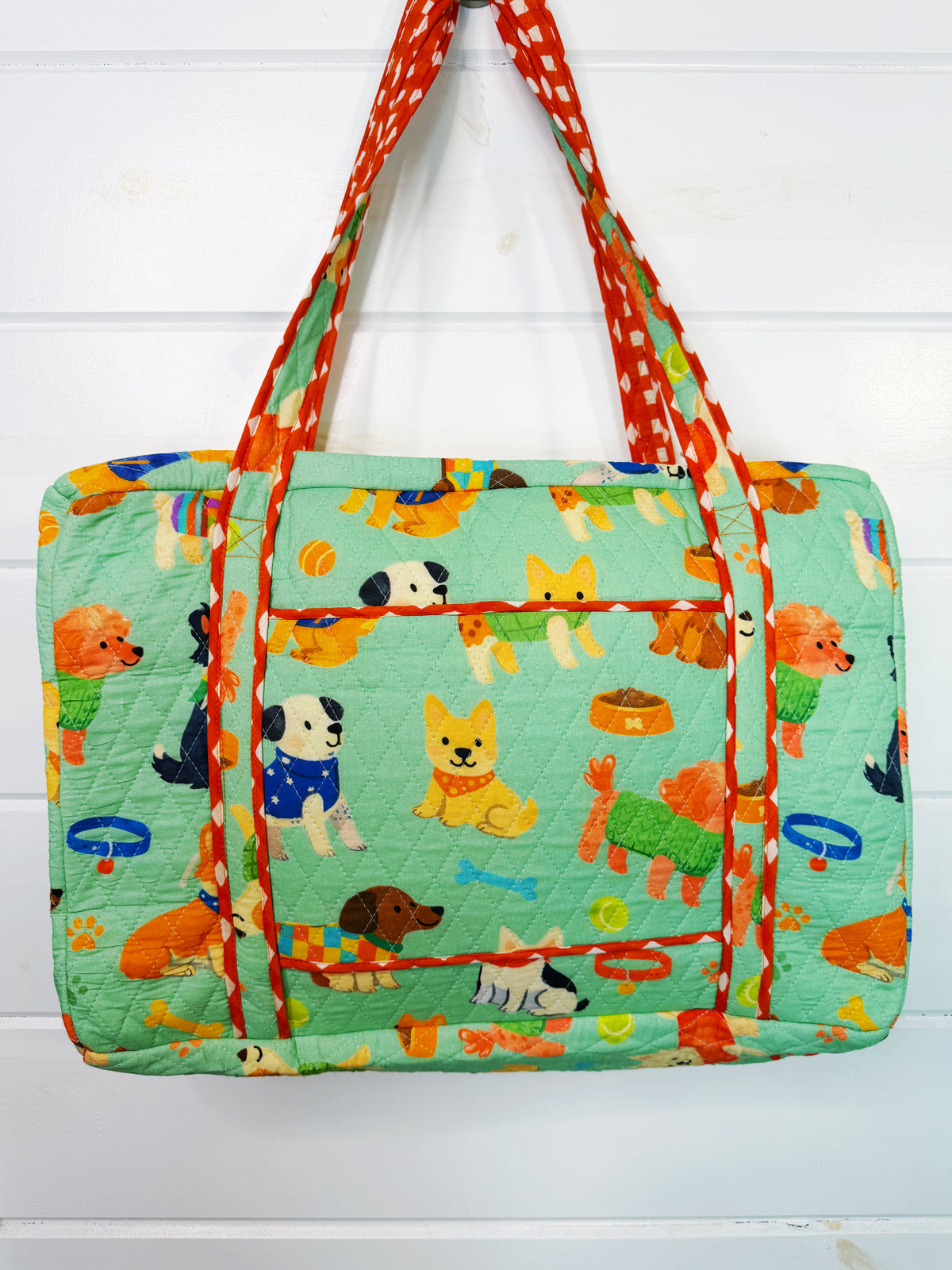 Quilted Weekender Duffle Overnight Bag - Green Dog Print