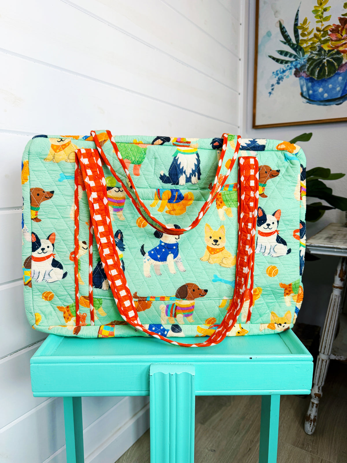 Quilted Weekender Duffle Overnight Bag - Green Dog Print