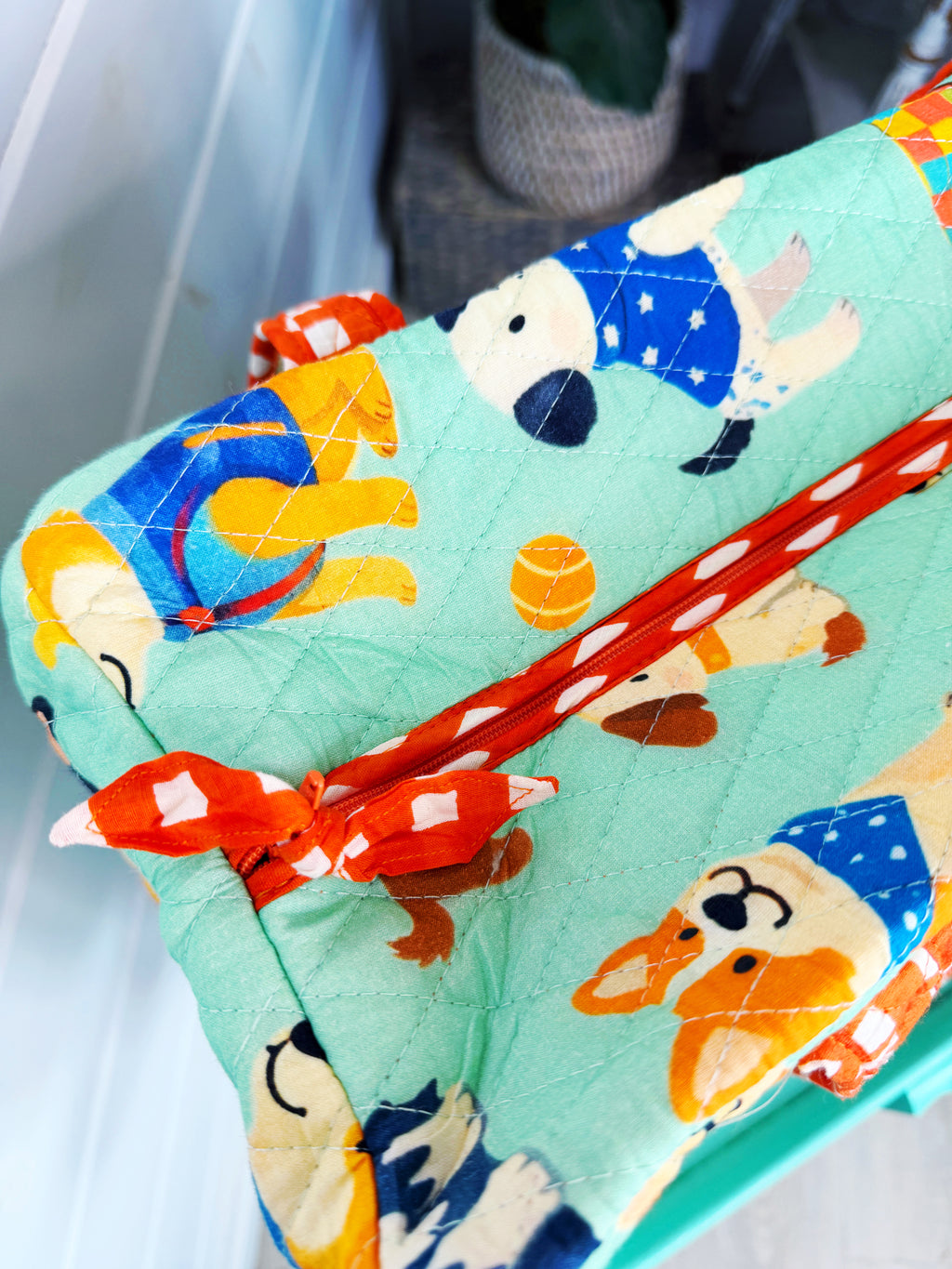 Quilted Weekender Duffle Overnight Bag - Green Dog Print