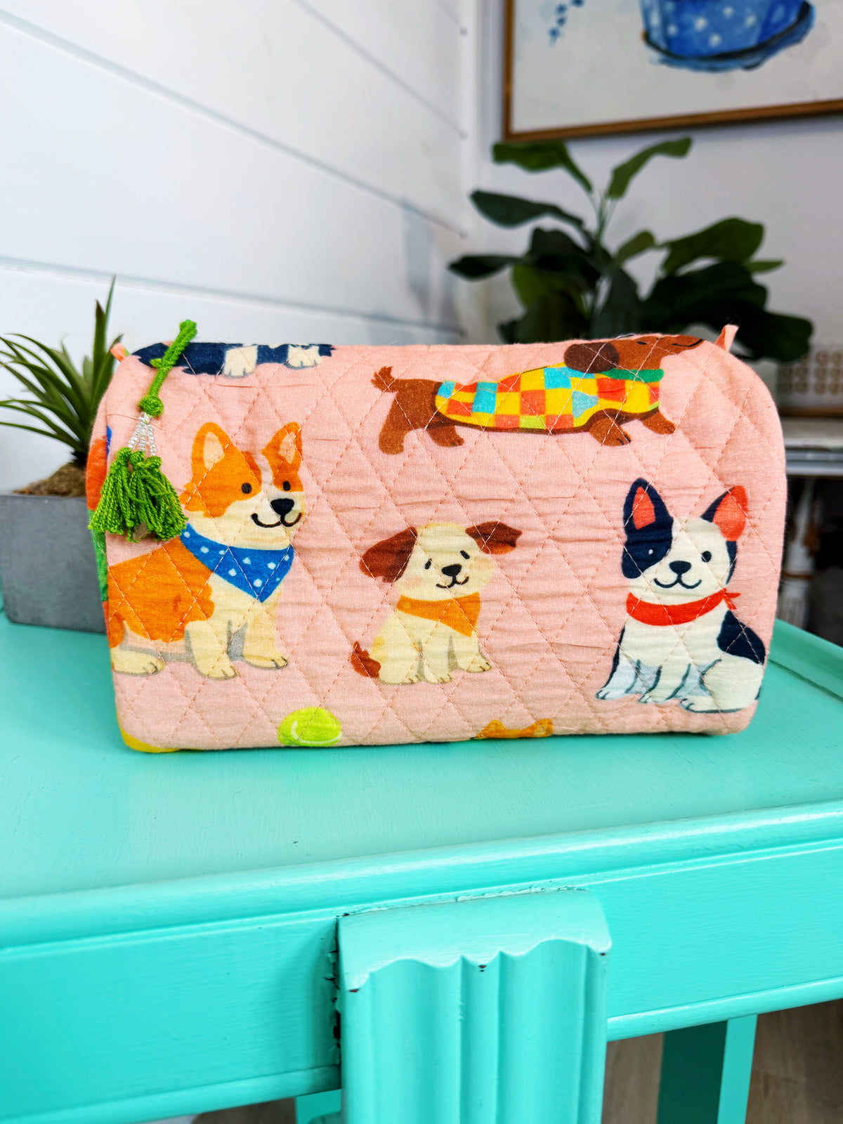 Quilted Makeup Cosmetics Toiletry Bag - Peach Dog Print