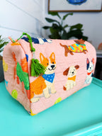 Quilted Makeup Cosmetics Toiletry Bag - Peach Dog Print