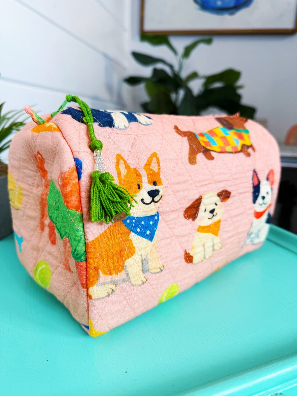 Quilted Makeup Cosmetics Toiletry Bag - Peach Dog Print