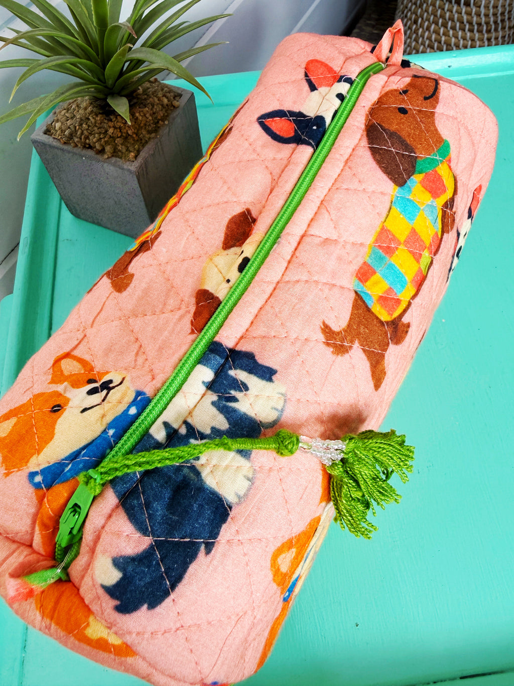 Quilted Makeup Cosmetics Toiletry Bag - Peach Dog Print