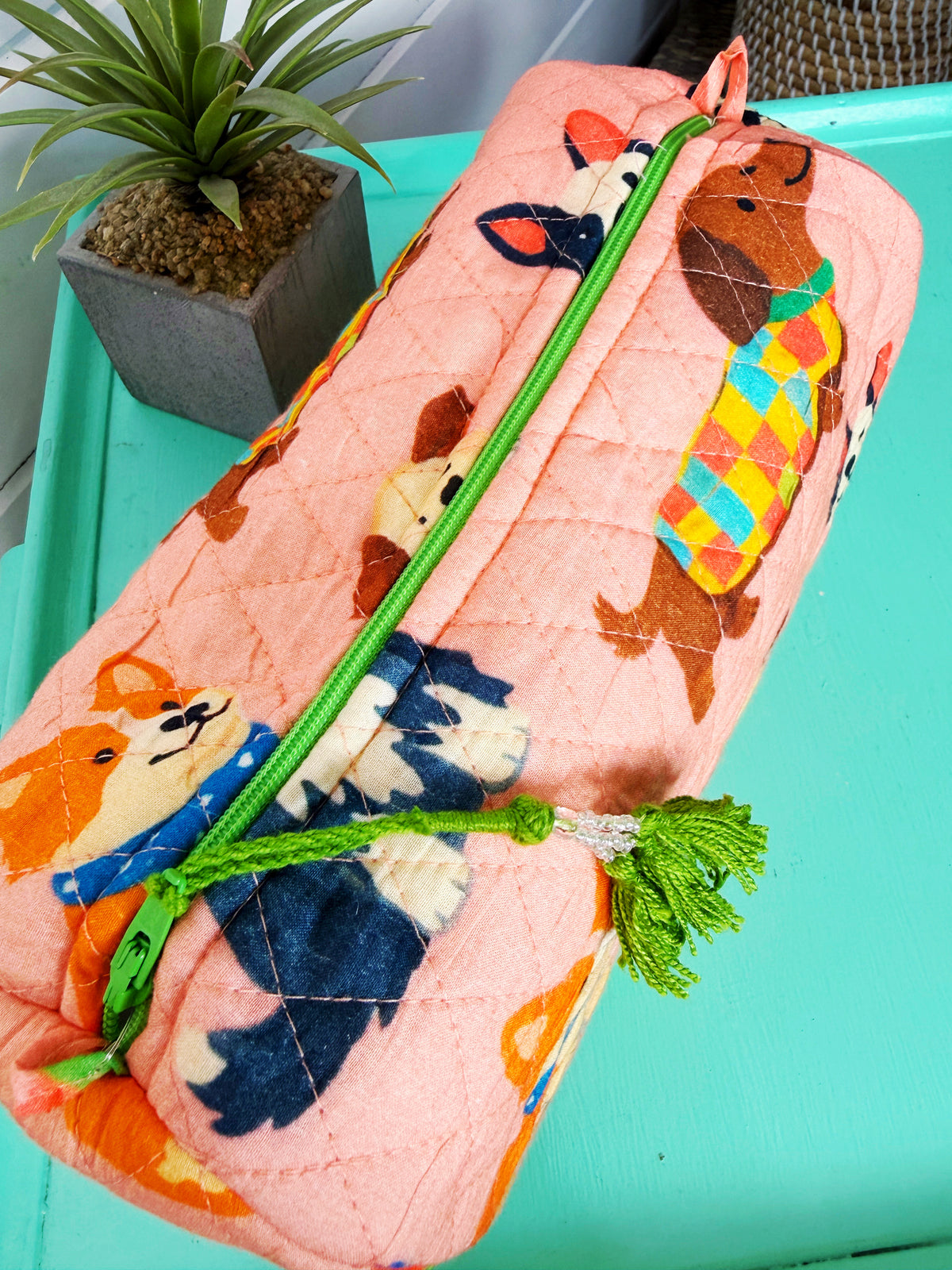 Quilted Makeup Cosmetics Toiletry Bag - Peach Dog Print