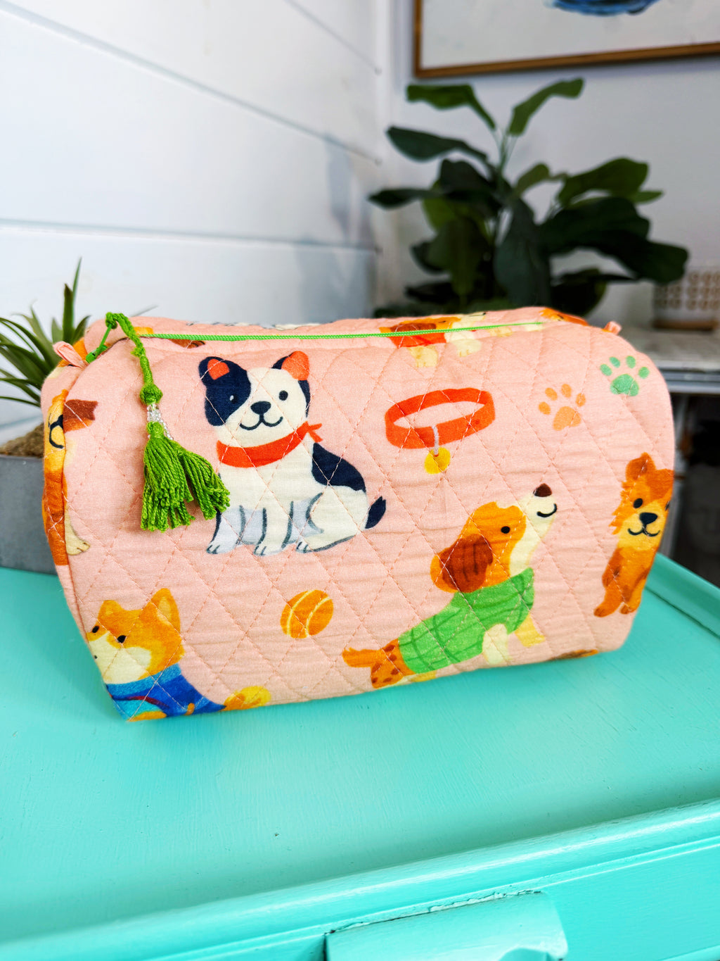 Quilted Makeup Cosmetics Toiletry Bag - Peach Dog Print