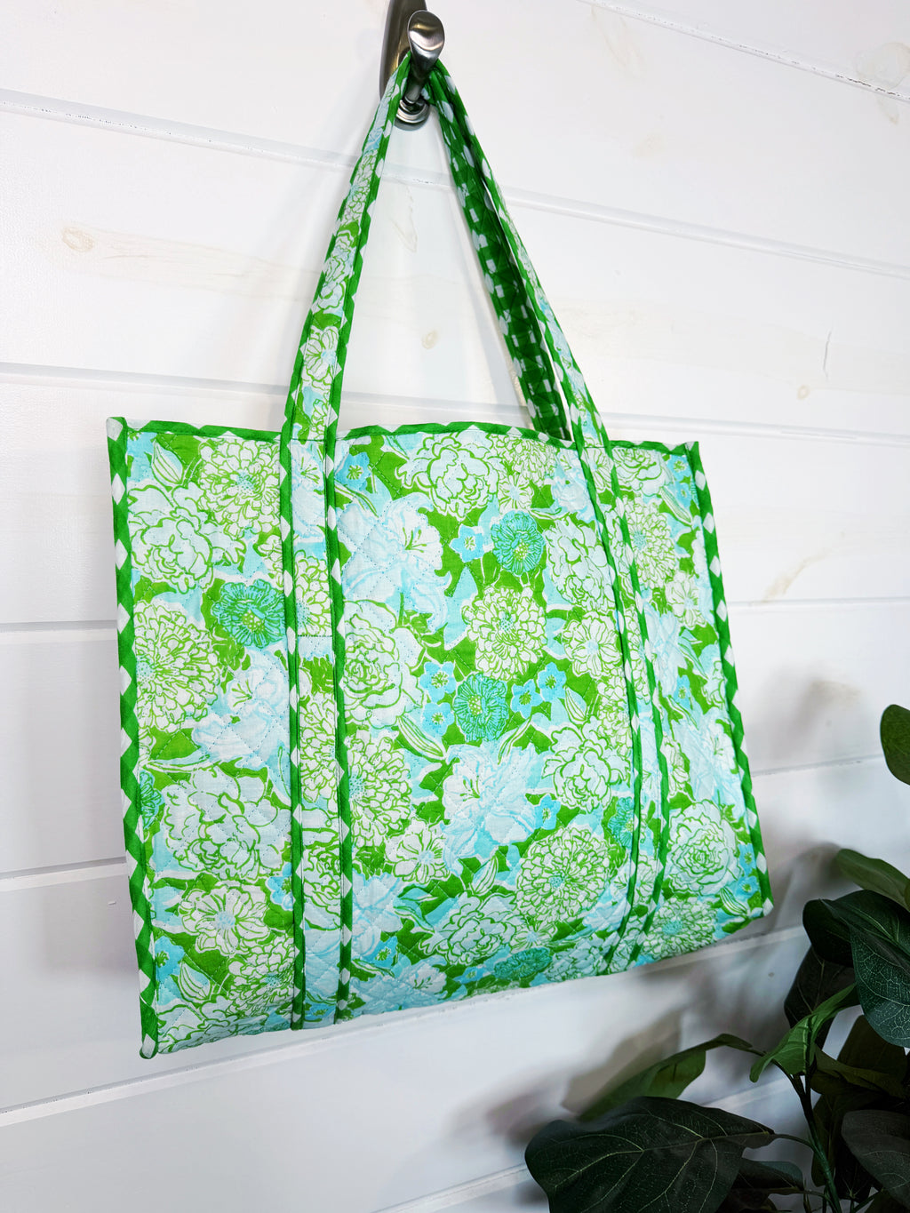 Quilted Cotton Reversible Large Tote Bag - Preppy Petals