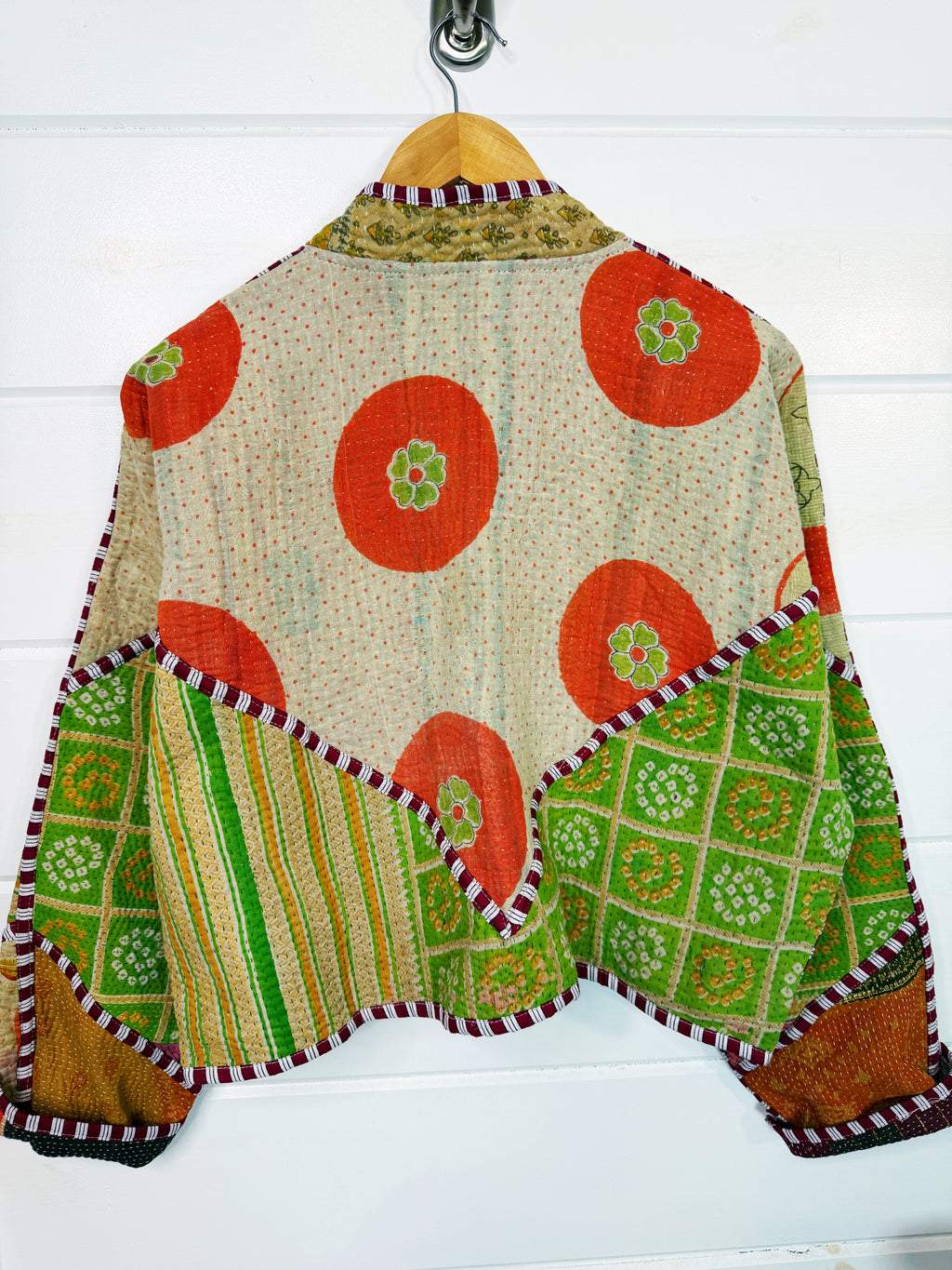 Stevie style revival kantha jacket #2302, on a hanger, back view