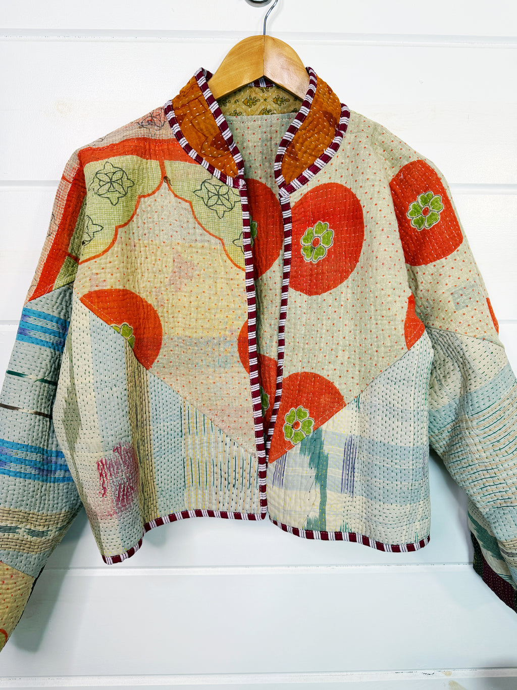 Stevie style revival kantha jacket #2302, reversed to show the cream and blue side, front view