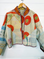 Stevie style revival kantha jacket #2302, reversed to show the cream and blue side, front view