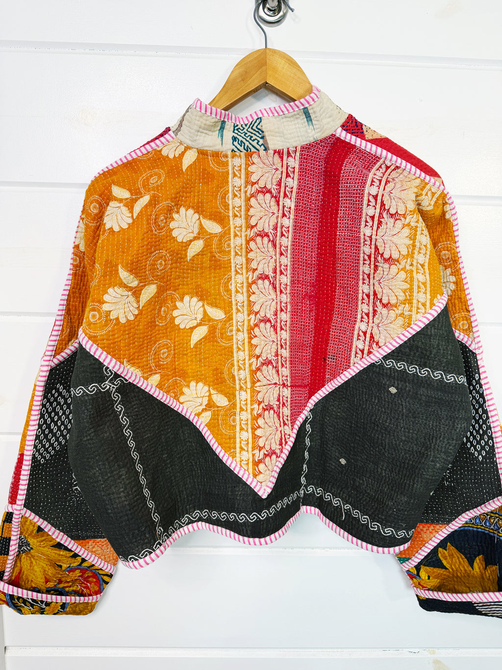 Stevie style revival kantha jacket #2303, on a hanger, back view