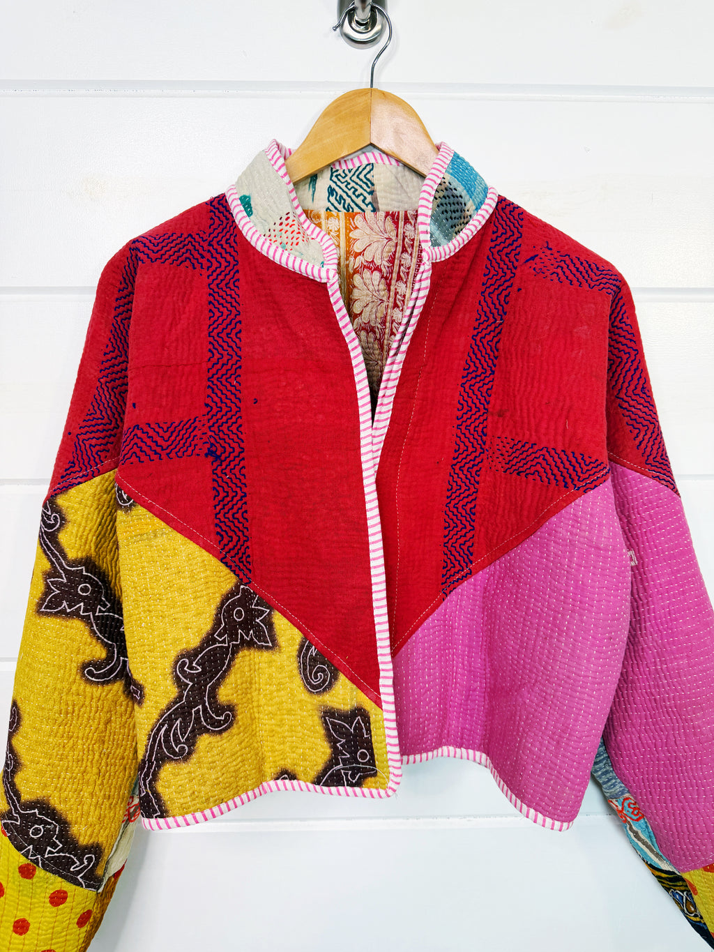 Stevie style revival kantha jacket #2303, reversed to show the red, pink and yellow side, front view