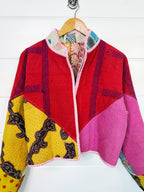 Stevie style revival kantha jacket #2303, reversed to show the red, pink and yellow side, front view