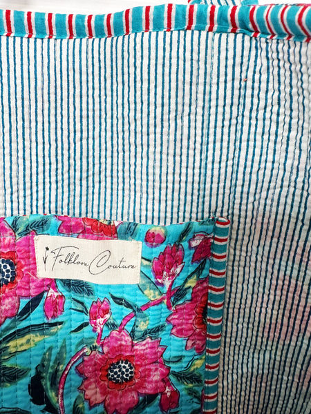 Quilted Block Print Tote Bag Reversible - Aqua Pink