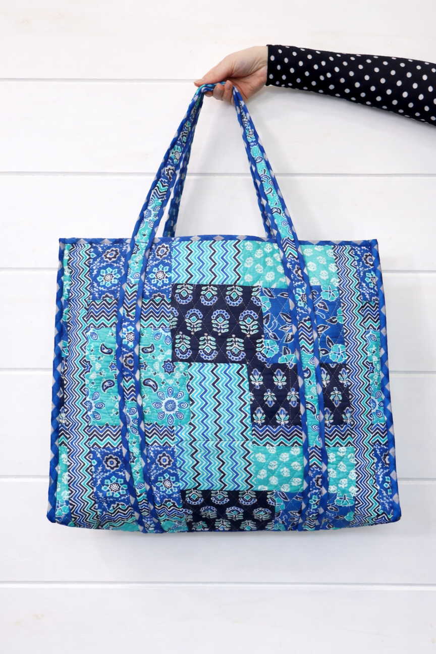 Quilted Large Tote Bag - Blue Aqua Patchwork Print