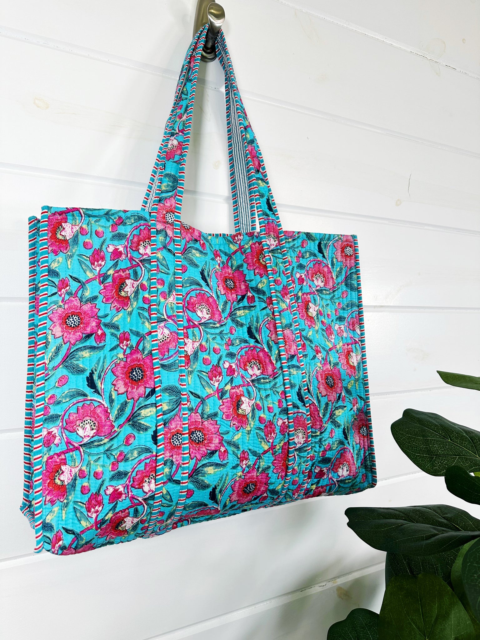 Quilted Block Print Tote Bag Reversible - Aqua Pink