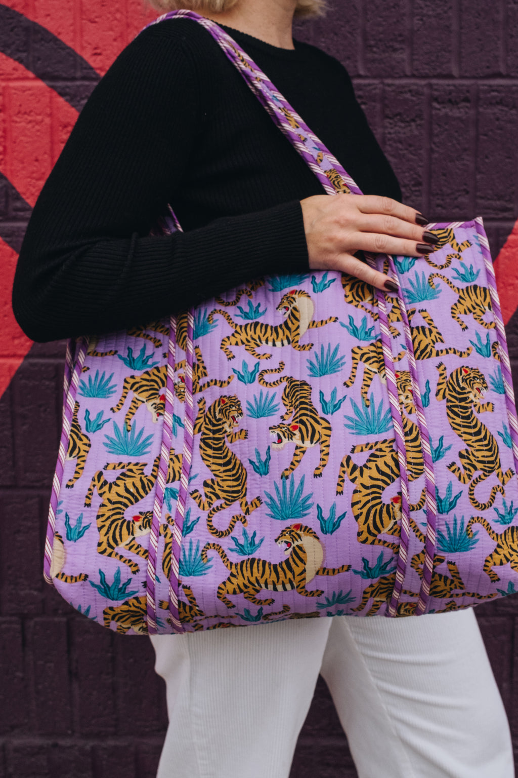Large Quilted Tote Bag | Purple and Blue Tiger Print