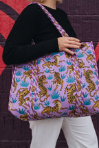 Large Quilted Tote Bag | Purple and Blue Tiger Print