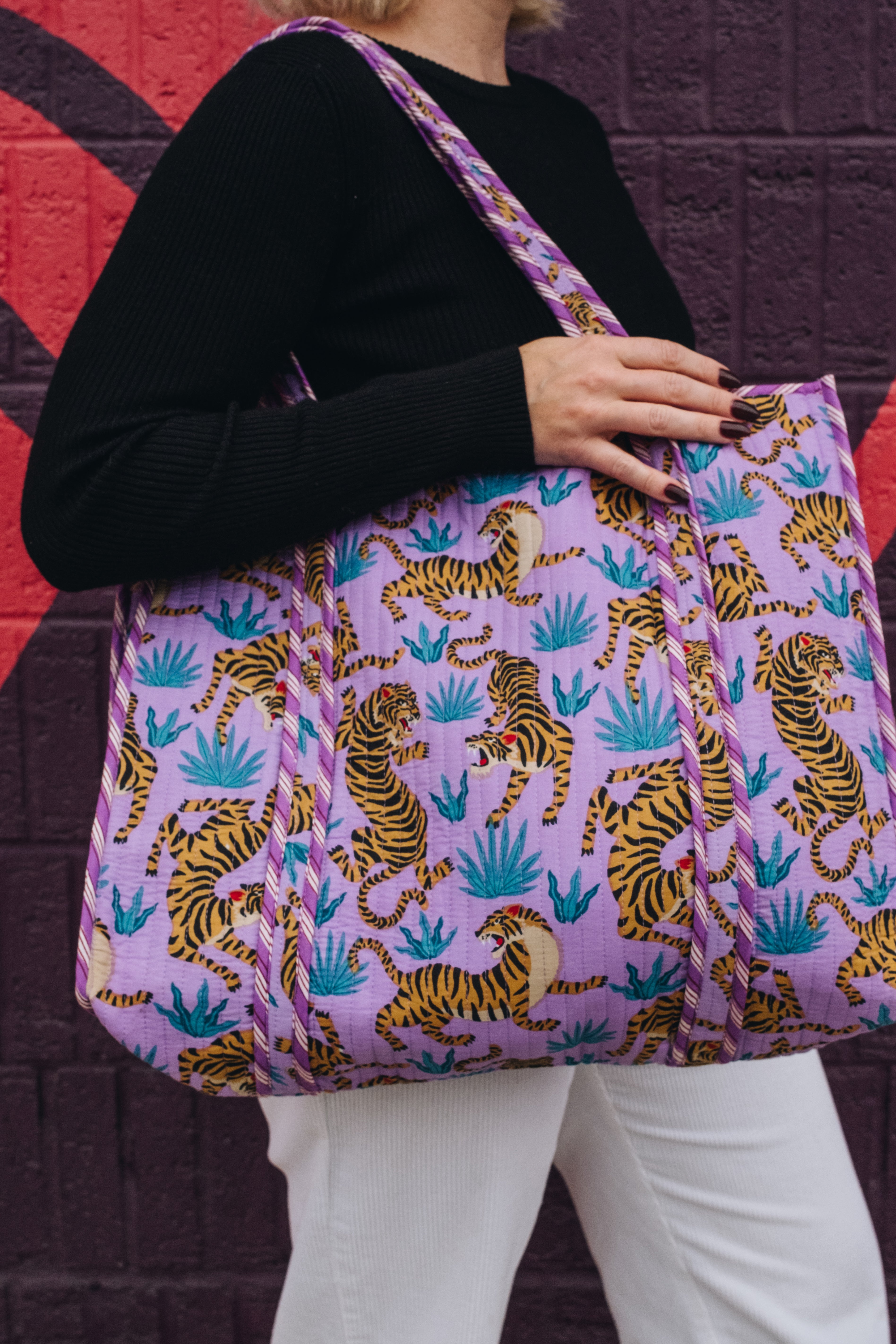 Large Quilted Tote Bag | Purple and Blue Tiger Print