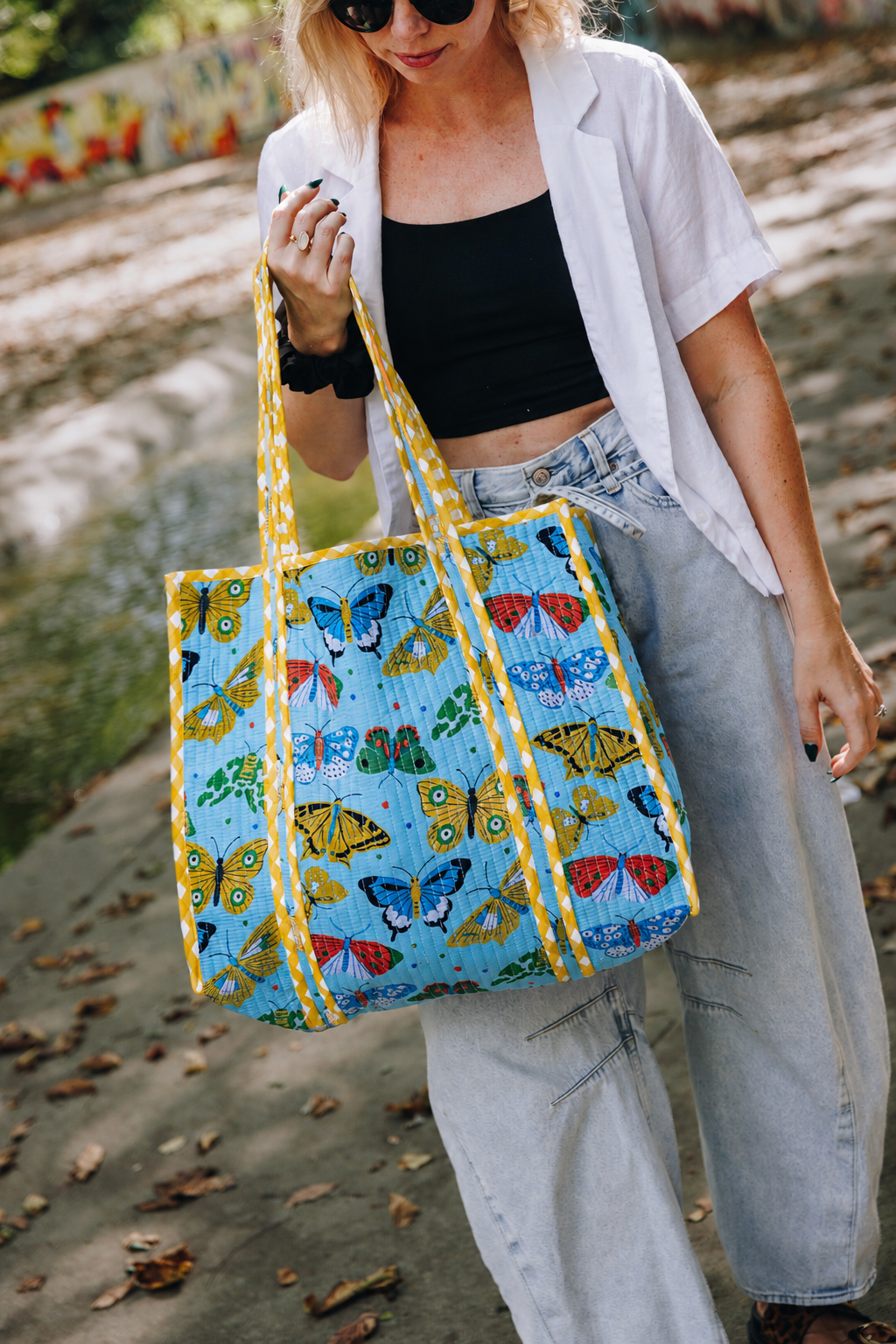 Large Quilted Travel Tote Bag - Blue Butterfly Print