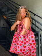 Quilted Cotton Reversible Large Tote Bag - Light Pink Strawberry Print