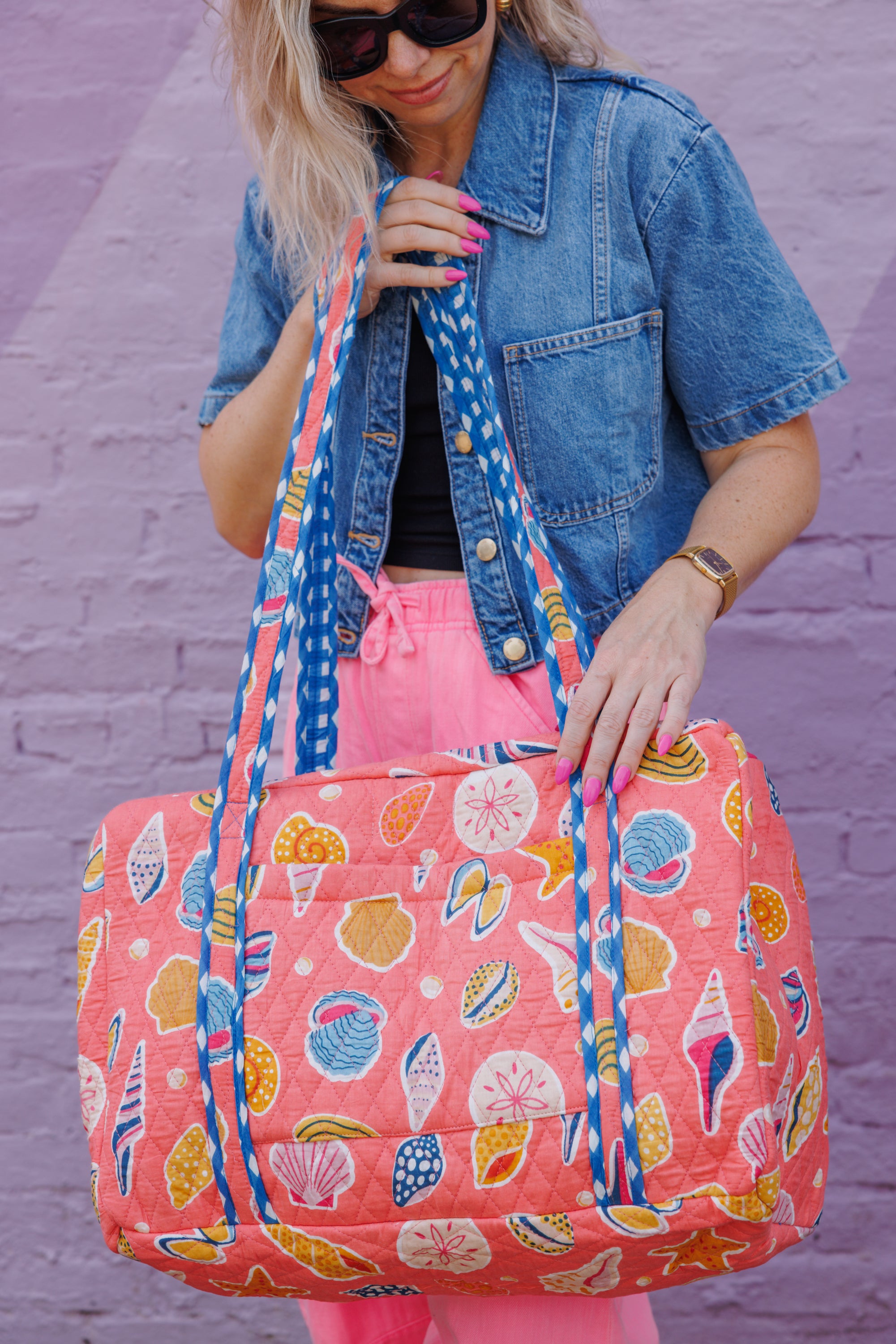 Quilted Weekender Overnight Bag - Coral Seashell Print