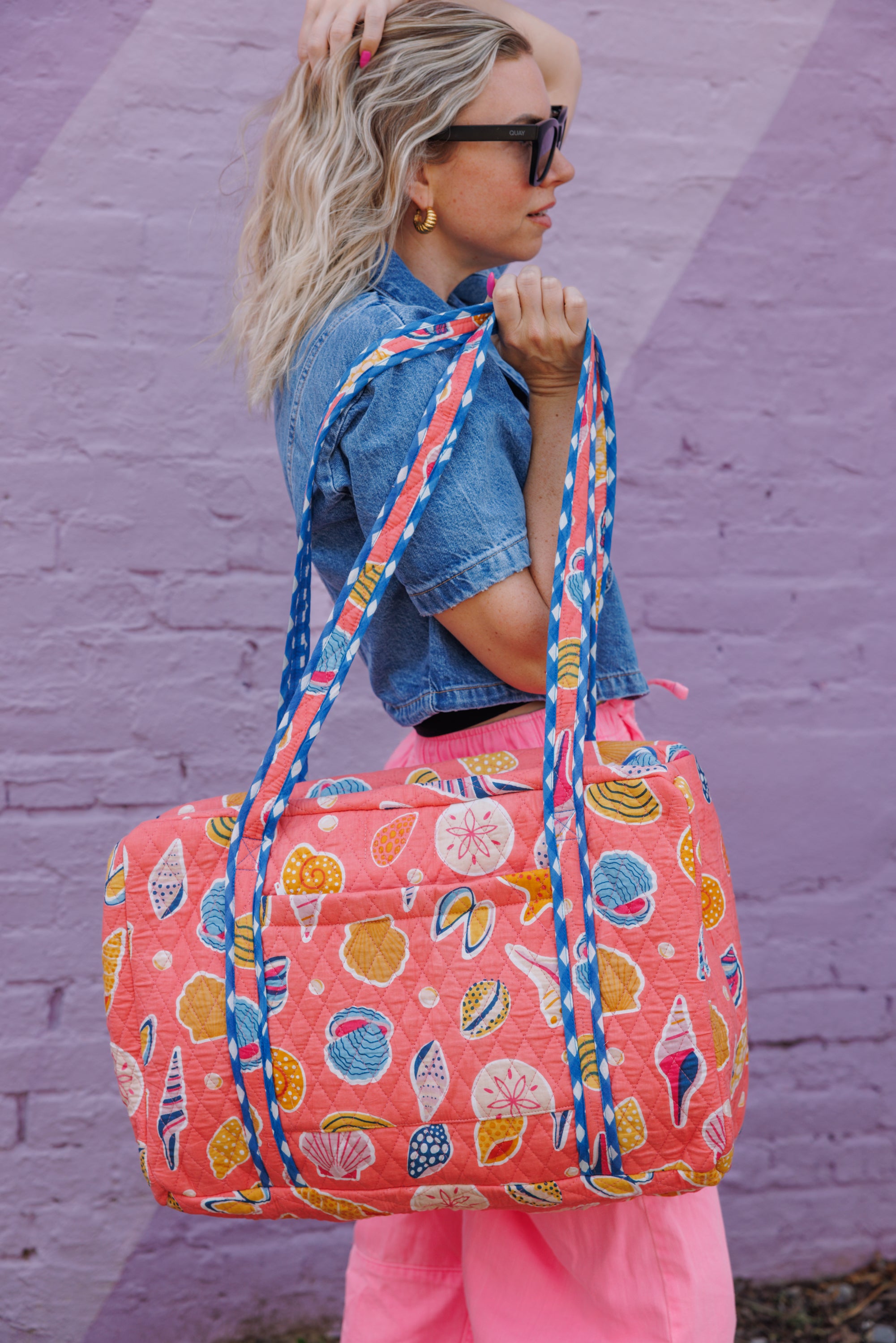 Quilted Weekender Overnight Bag - Coral Seashell Print