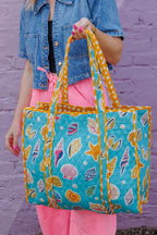 Quilted Large Tote Bag - Aqua Seashell Print