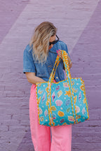 Quilted Large Tote Bag - Aqua Seashell Print