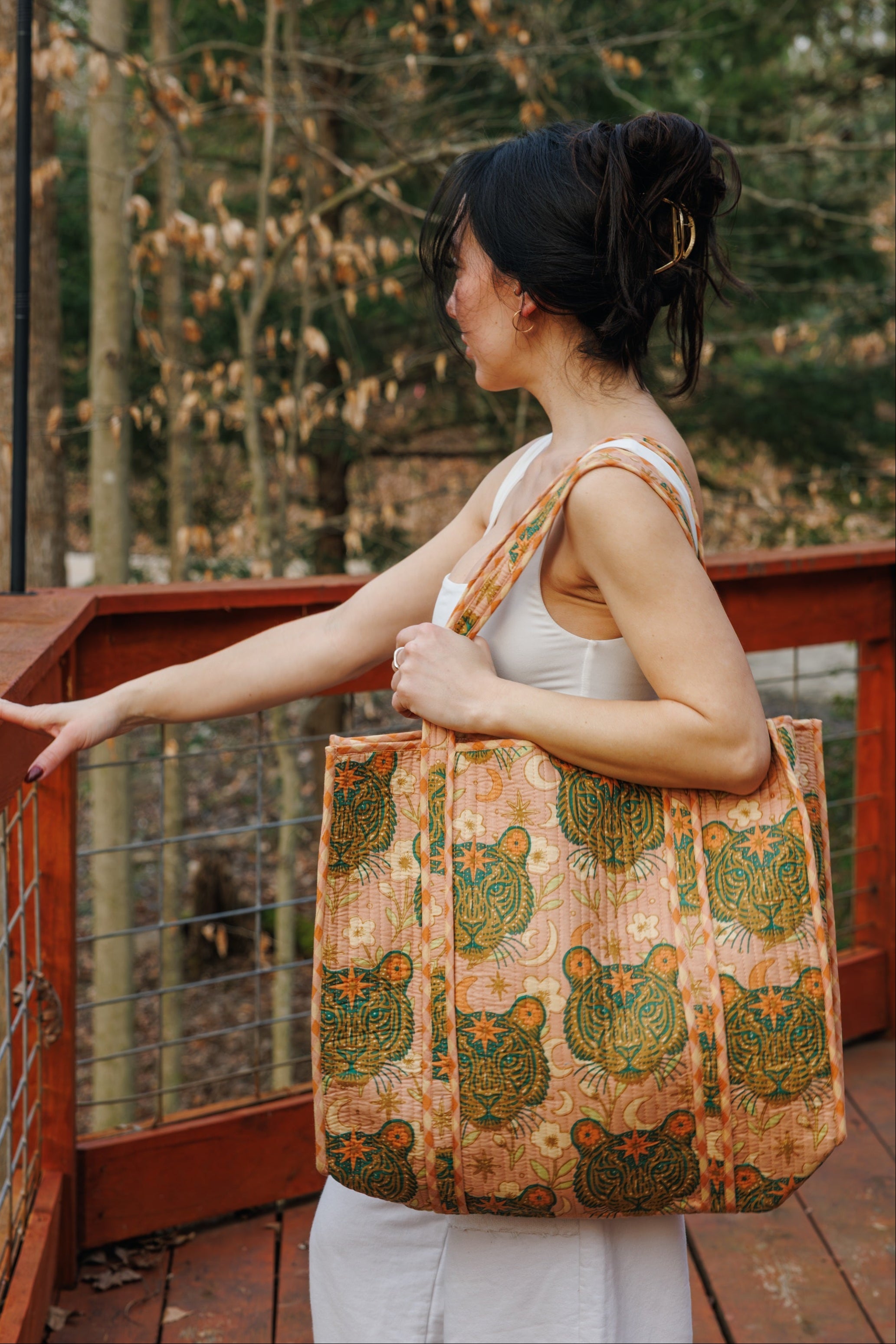 Quilted Cotton Reversible Large Tote Bag - Sandstone Celestial Tiger