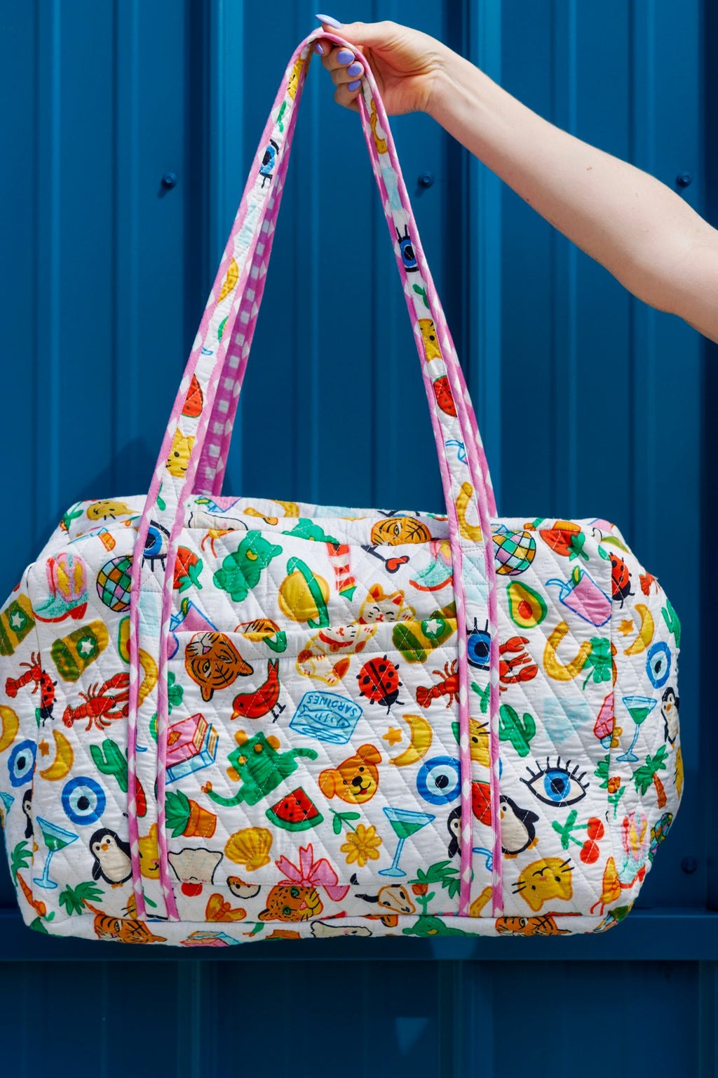 Quilted Weekender Duffle Overnight Bag - Lucky Vibes Print White