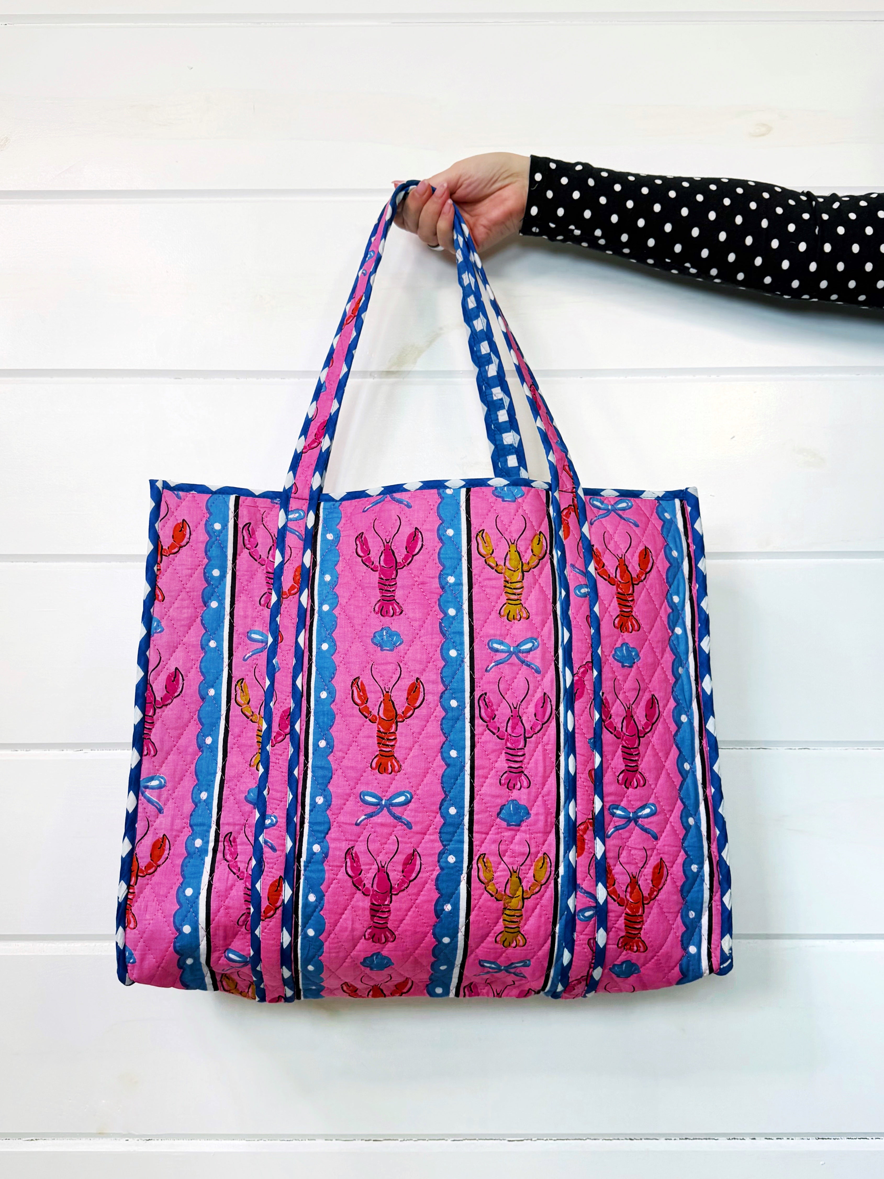 Quilted Cotton Reversible Large Tote Bag - Pink Lobster Print