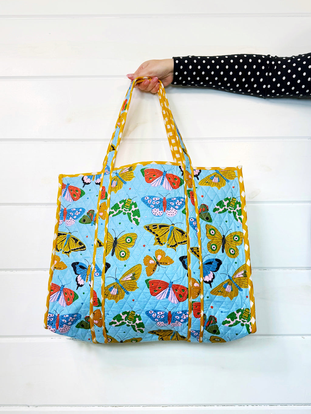 Large Quilted Travel Tote Bag - Blue Butterfly Print
