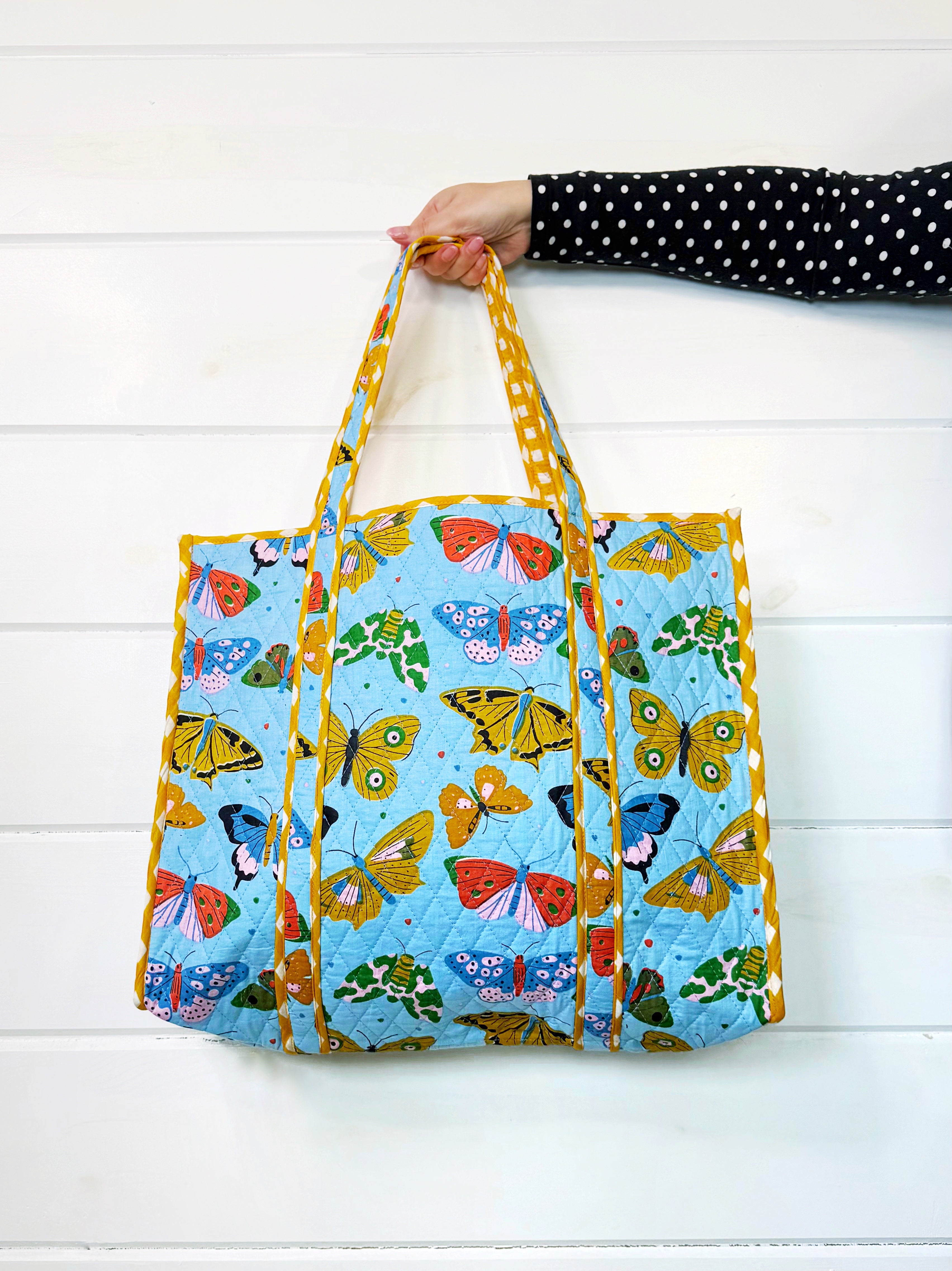 Large Quilted Travel Tote Bag - Blue Butterfly Print
