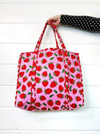 Quilted Cotton Reversible Large Tote Bag - Light Pink Strawberry Print