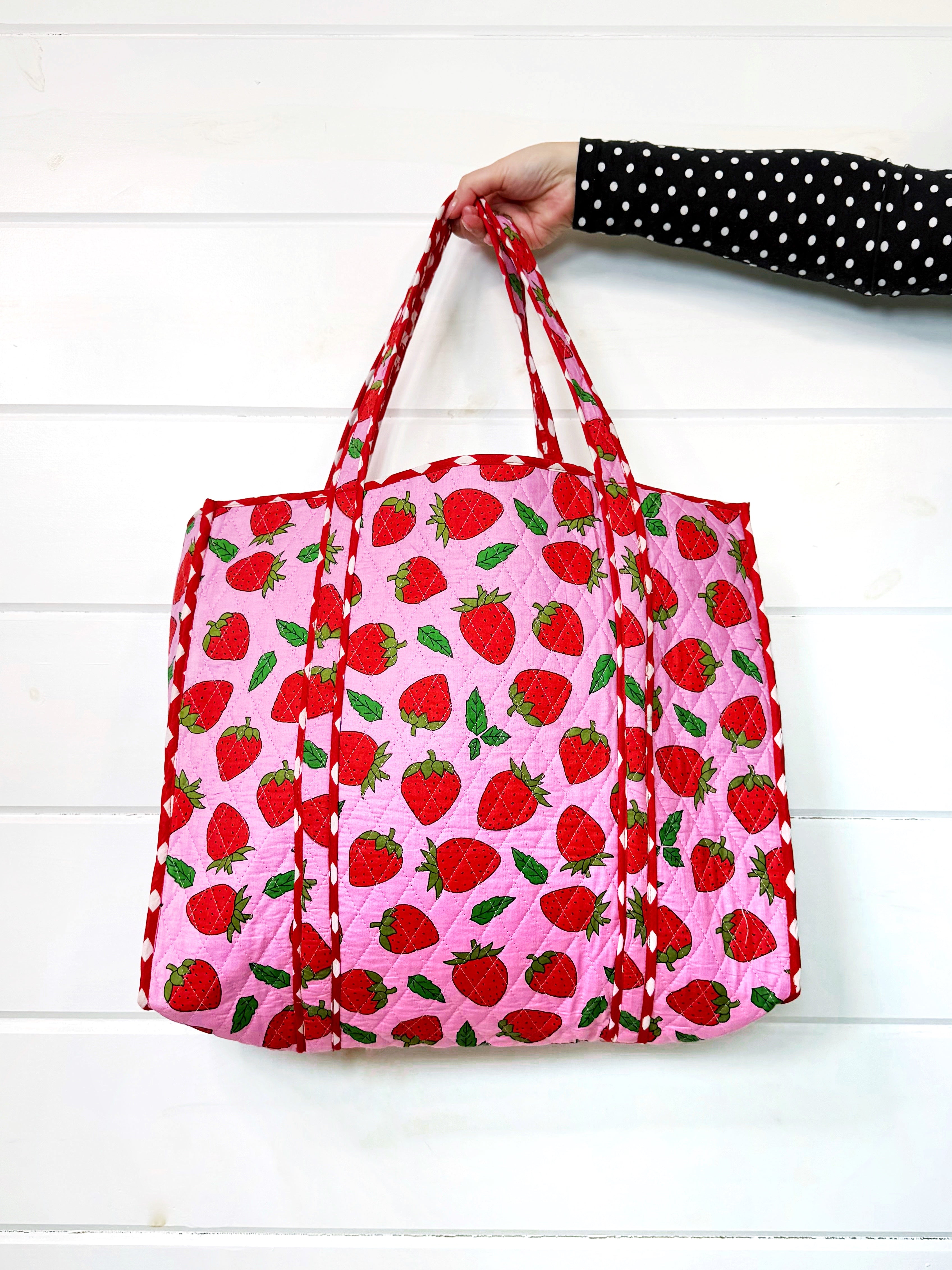 Quilted Cotton Reversible Large Tote Bag - Light Pink Strawberry Print