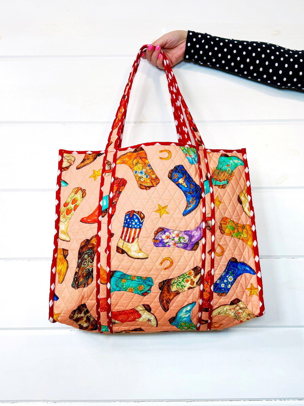 Quilted Cotton Reversible Large Tote Bag - Peach Cowboy Boot Print