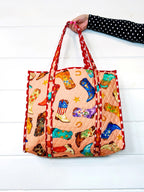 Quilted Cotton Reversible Large Tote Bag - Peach Cowboy Boot Print