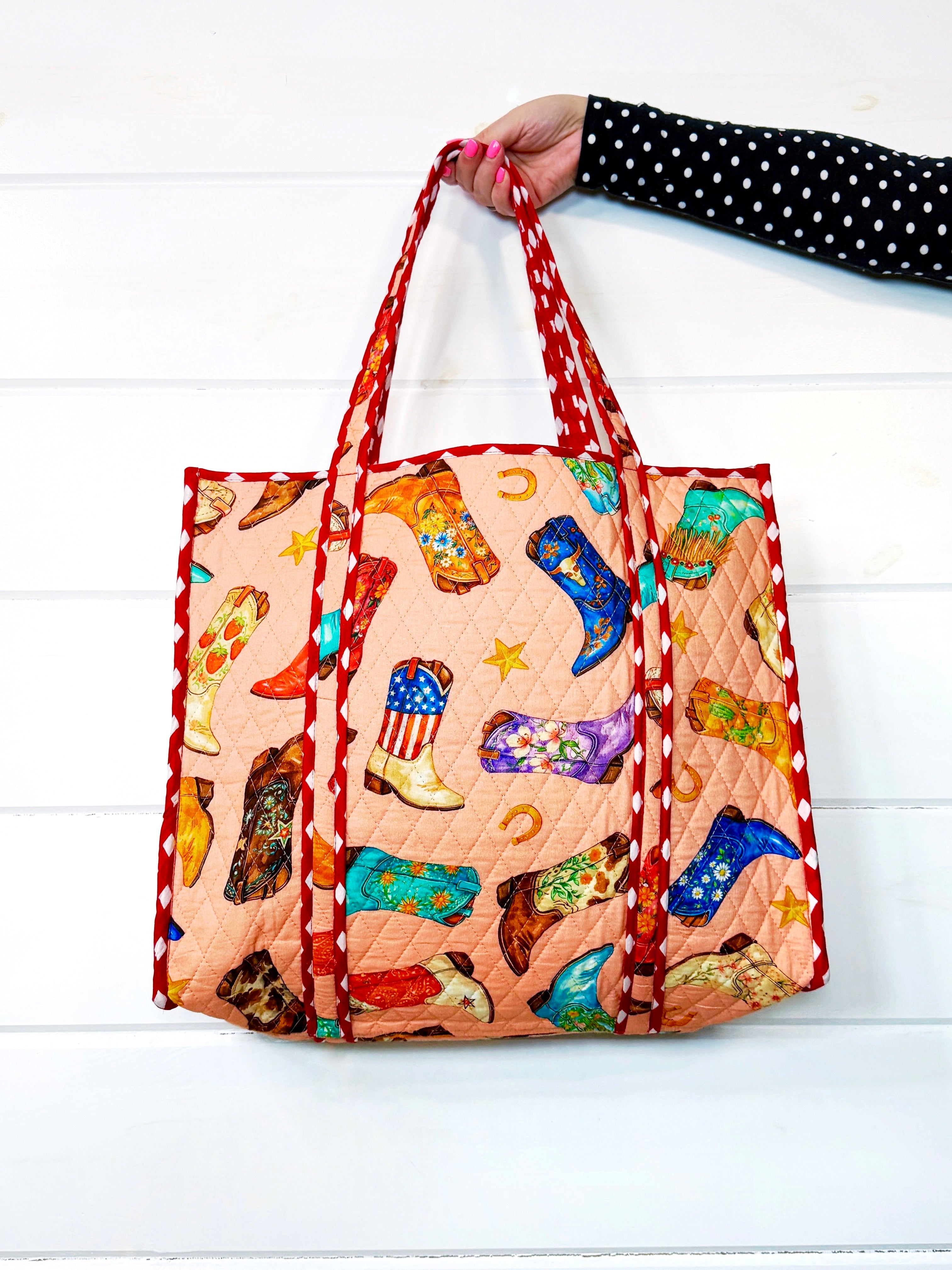 Quilted Cotton Reversible Large Tote Bag - Peach Cowboy Boot Print
