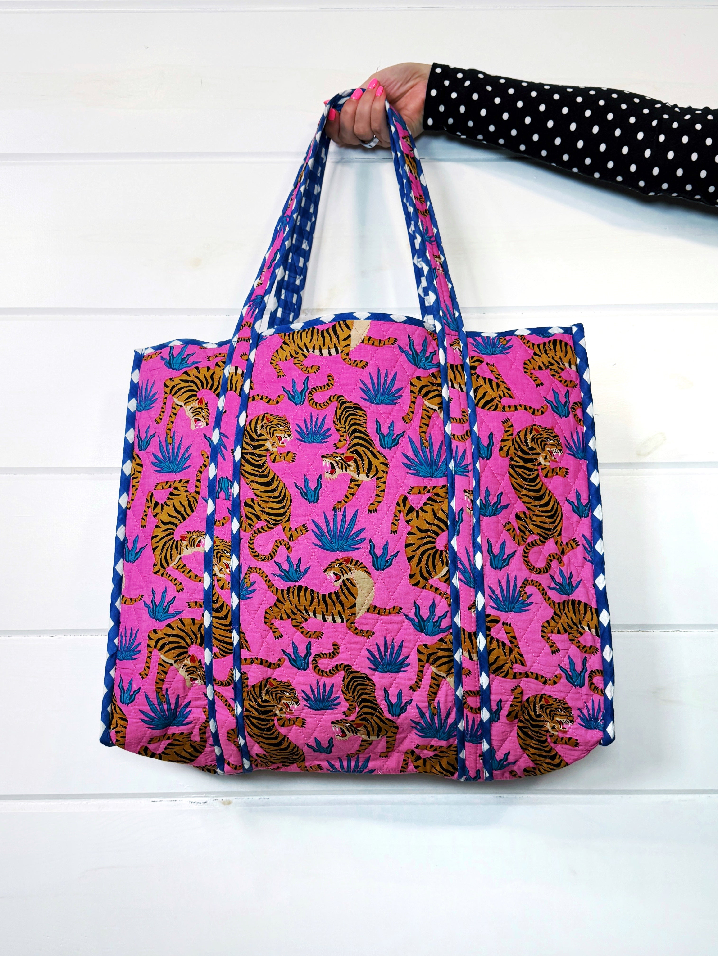 Quilted Cotton Reversible Large Tote Bag - Pink and Blue Tiger Print