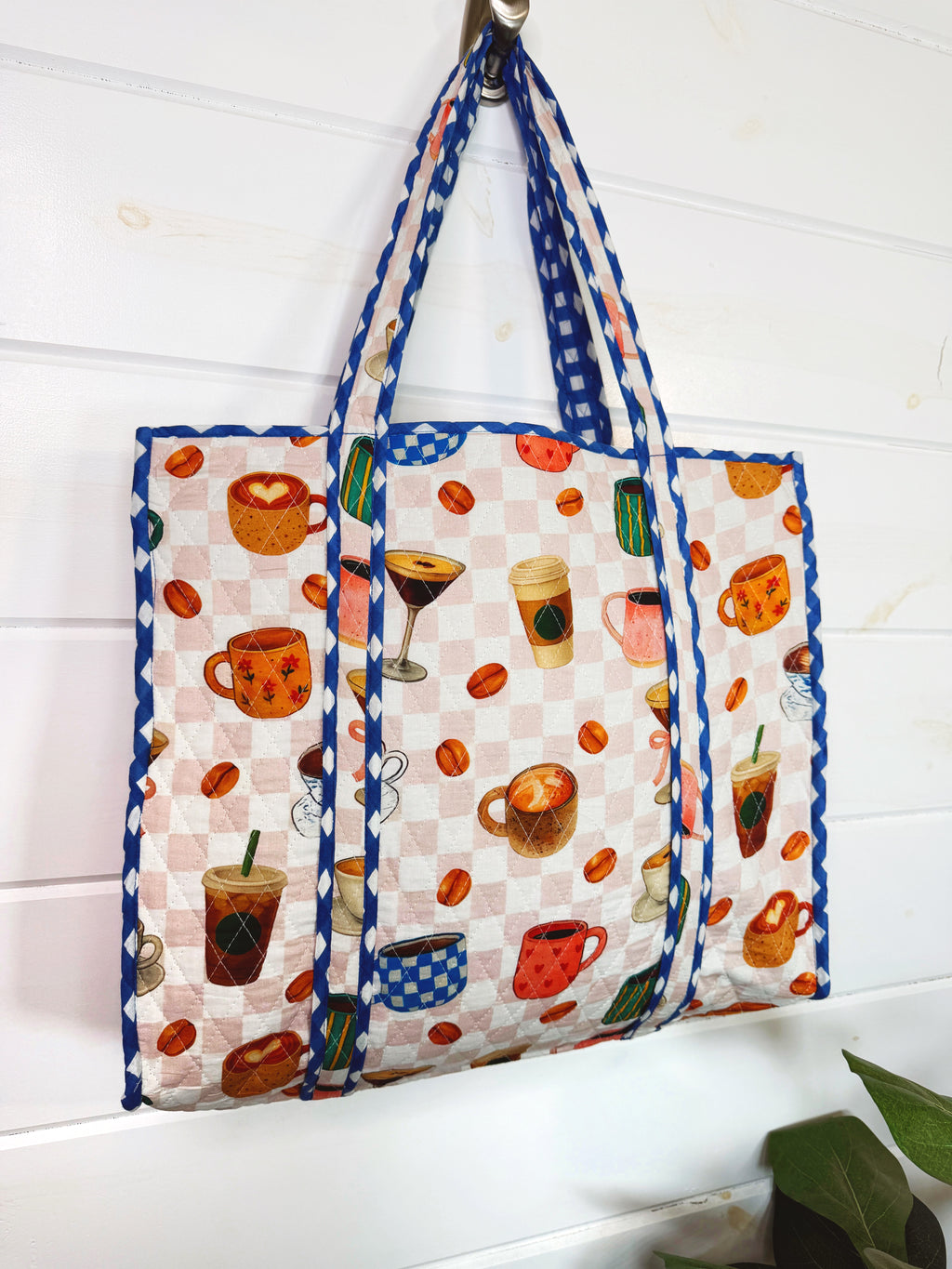 Quilted Cotton Reversible Large Tote Bag - Coffee Shop Print